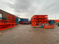 Used warehouse rack frames, cross beams and wire mesh decking