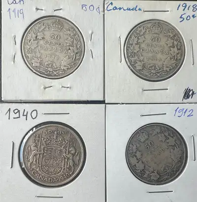 4 X OLD VTG CANADA SILVER 50 Cents 1912 1918 1919 1940 Excellent, View more