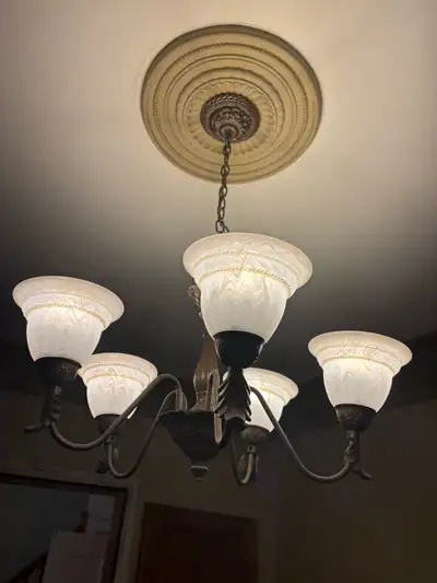 Traditional brass chandelier/frosted glass, View more