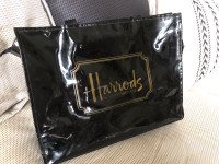 Vintage Harrods shiny black vinyl patent bag plus Harrods tea! 