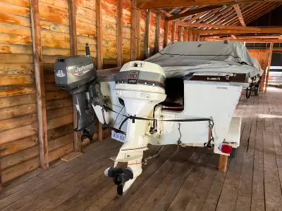 Last chance before it goes in the Barn. 18.5 Sylvan Fisherman, 90 Johnson, oil injected, 6hp Johnson...