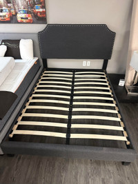 Dark Grey Linen Upholstered Platform Bed with Nailhead Trim