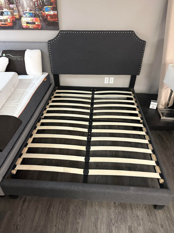 Dark Grey Linen Upholstered Platform Bed with Nailhead Trim in Beds & Mattresses in Kamloops