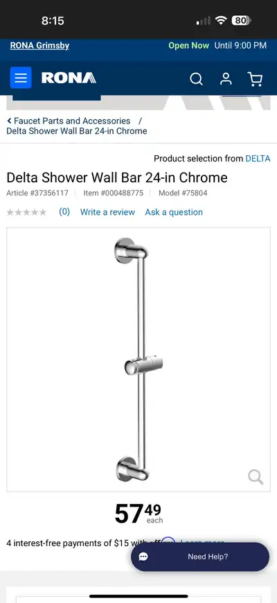 DELTA Adjustable Shower Bar - BRAND NEW, View more
