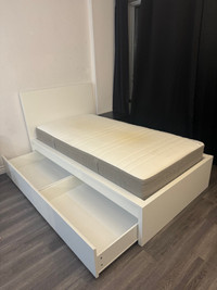 IKEA MALM bed frame with storage boxes and mattress 