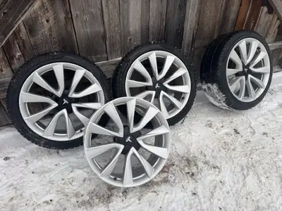 four 19 inch Tesla Sport rims with tire pressure sensors and rim caps. Will fit Model 3s up to curre...