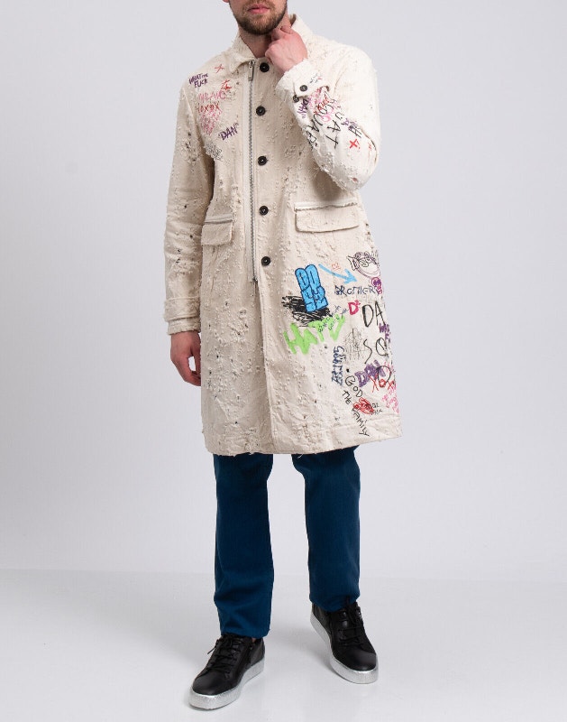 Dsquared2, new DSQUARED2 Gabardine Long Coat Destroyed Graffiti Zipped