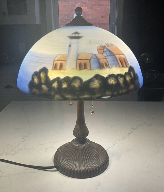 Vintage,Lighthouse, Reverse Painted Glass Lamp Shade Table Lamp  in Indoor Lighting & Fans in Owen Sound - Image 4