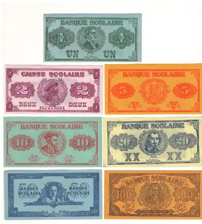 Papier Monnaie Banque scolaire. FEC 1920 Ensemble de 7 Billets FRERE DES ECOLES CHRETIENNE 25,00$ Po...
