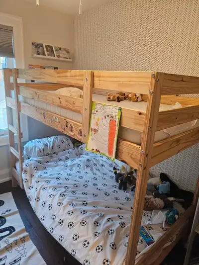 Ikea bunk bed. Comes without mattresses. Good condition, but some stickers/scratches on it. To pick...