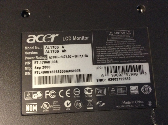 ACER LCD Monitor AL1706 (Size 17 Inch) in Desktop Computers in Mississauga / Peel Region - Image 2