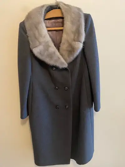 Brand new, grey wool coat with fur trim, double breasted, back belt detail, side pockets, never worn...