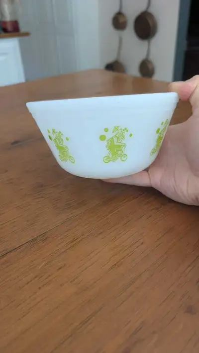Vintage Federal Glass bowl Circus pattern-Clown milk glass/green, View more
