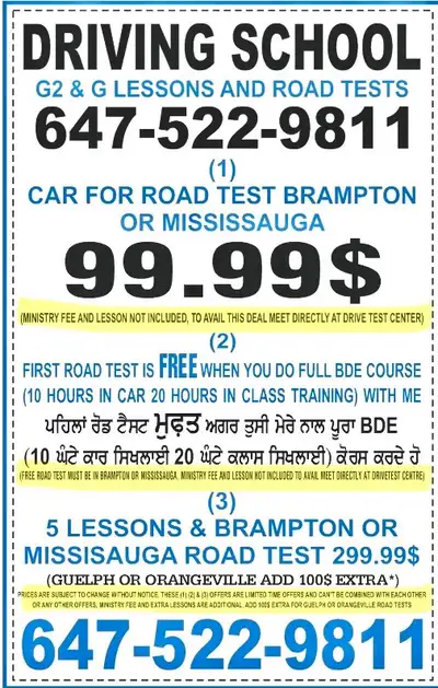 Offering driving lessons for G2 and G road tests in Brampton and Mississauga, as shown in the images...