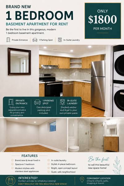 Brand New Never-Lived-In 1 Bedroom Basement Apartment for Rent Be the first to enjoy this beautifull...