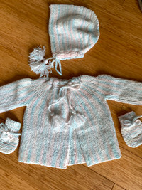 Hand-knitted Baby cardigan, bonnet and mittens.