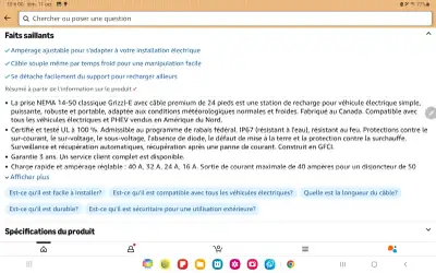 Borne de recharge de marque GRIZZL-E de couleur blanche avec connecteur J1772 (niveau 2 ). Nécessite...