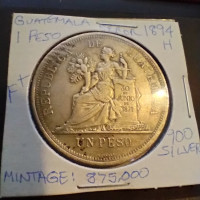 1894H Guatemala 1 Peso Silver Coin. Error Coin.