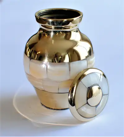 Exquisite Mother of Pearl Golden Brass Cremation Keepsake for Human Ashes, Miniature Urn 3" | Real M...
