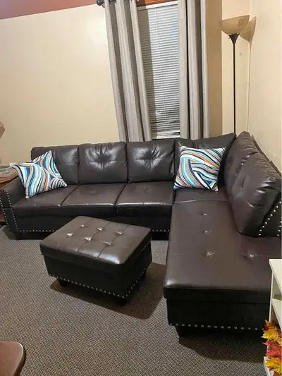 SALE SALE ~~ Leather Sectional sofa with ottoman and studs, View more