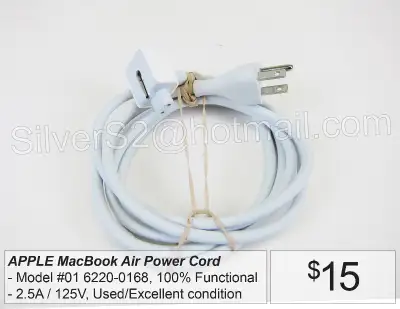 APPLE MacBook Air Power Cord PN 01 6220-0168 2,5amp 125V White, View more