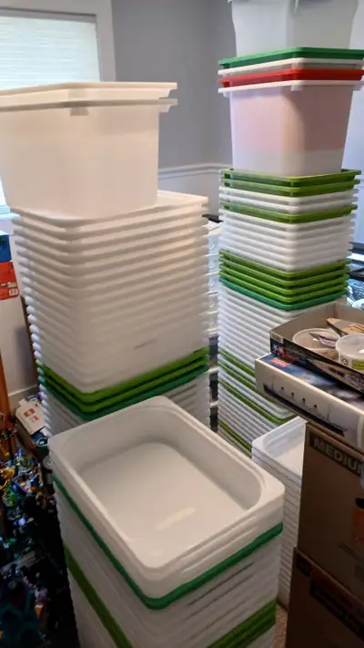 I possess dozens of Ikea's Trofast storage bins, no shelving currently. Aside from a bit of dust, th...