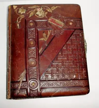 Antique 1900s Victorian cabinet card photograph album ornate leather bound album. Great to display y...