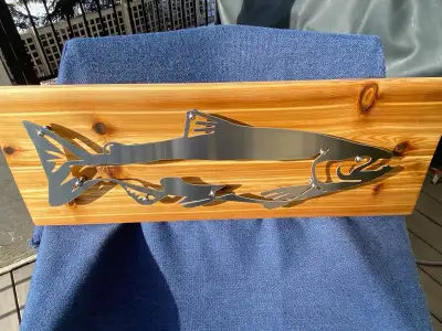 Stainless Steel Coho Salmon mounted over Cedar, View more