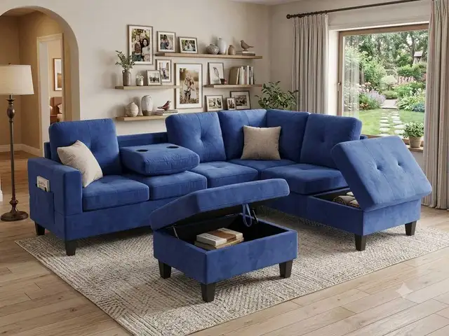 Blue L-Shaped Sectional Sofa with Reversible Ottoman & Storage
