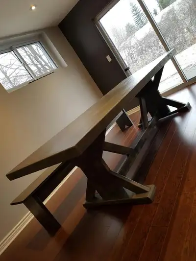 All hand made, stained and painted custom harvest tables, coffee and end tables, benches and shelves...