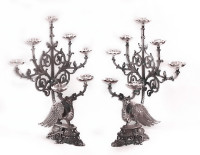 Pair 2 Silver Plated Antique Phoenix Church Candle Holders