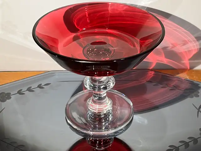 Val St Lambert  Cranberry Pedestal Dish Art Glass62863258199683121