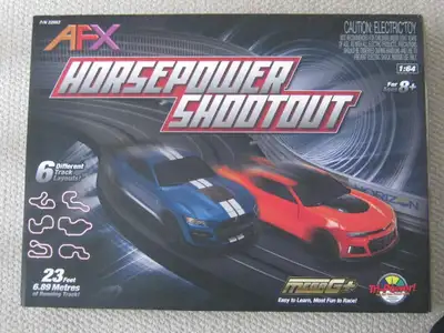 AFX 1:64 HO Scale HORSEPOWER SHOOTOUT electric race set, Includes set only exclusive, metallic dark...