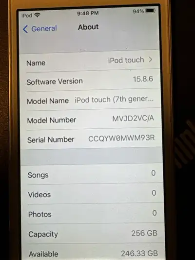 For sale is an iPod Touch 7th generation with 256GB of storage, running software version 15.8.6. Thi...