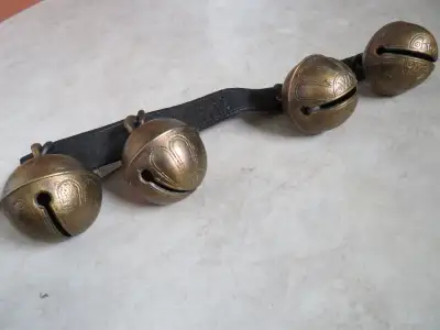Antique Robert Wells & Sons Heavy solid brass 3" set of 4 bells. (1760-1826) Leather strap is 16" lo...