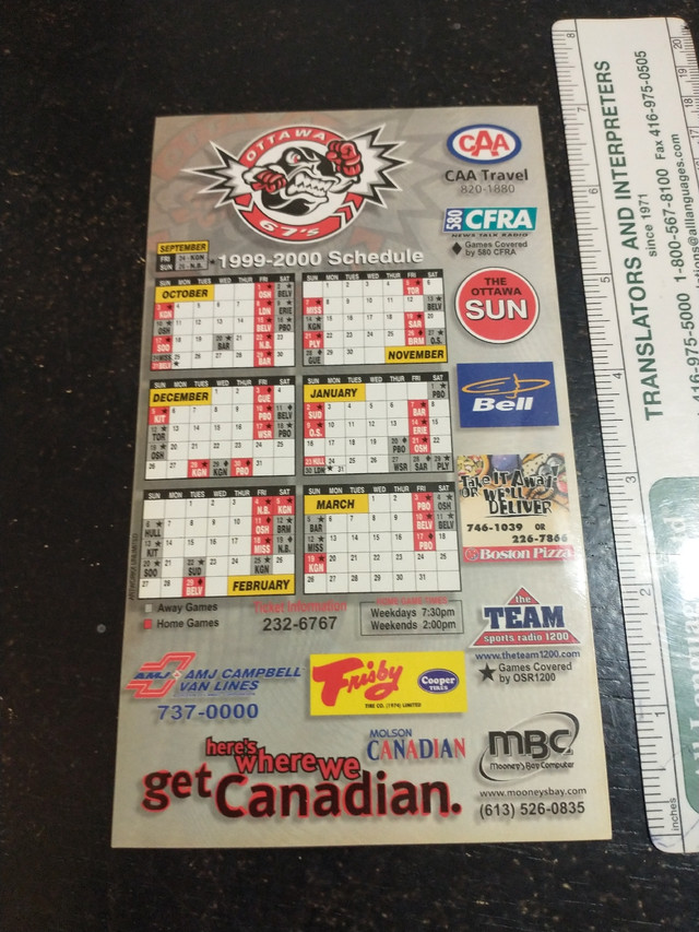 1999-2000 OHL Ottawa 67s magnetic schedule in Arts & Collectibles in City of Toronto - Image 2