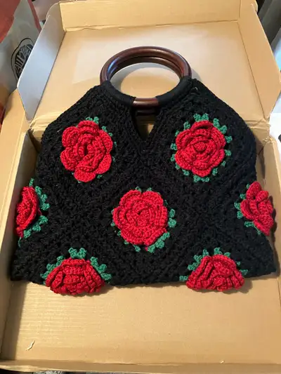 NEW Black Red Roses Crochet Knit Handheld Bag Purse, View more