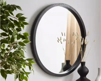 round wooden framed mirror, View more