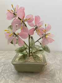 Vintage Chinese Small Pink & Jade Stone Glass Bonsai Flower Tree