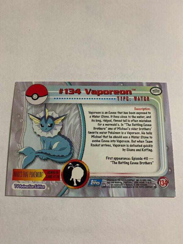 VAPOREON #134 Pokémon-Card Pokemon TV Animation edition Topps NM dans Art et objets de collection  à Longueuil/Rive Sud - Image 4