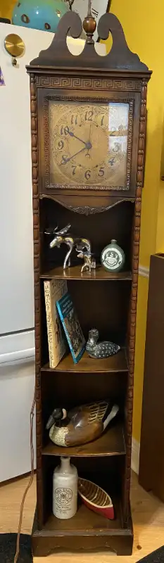 Vintage Tall Wood Cabinet with Shelves and Electric Motor Clock, View more