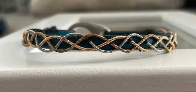 Teal Leather Bracelet with Intertwined guitar strings