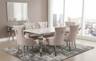 White Marble Dining Table Set – Chrome Base Luxury 6-Seater, View more