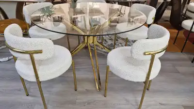51" Glass Top Gold Metal Base Dining Table, View more