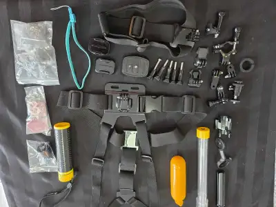 This is a comprehensive GoPro accessory kit containing a variety of mounts and supports for your act...