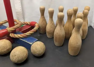 PARKER PICKERS - The skittles bowling game toss consists of 10 mini (about 6" tall) wooden bowling p...