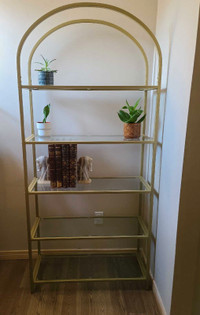 Brushed gold and glass bookcase shelving 