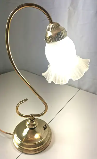 Elegant Vintage Brass Desk Lamp Frosted Embossed Glass Shade, View more