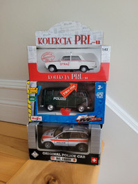 3 European Police Toy Cars in Original Cases. Diecast. $40 each.