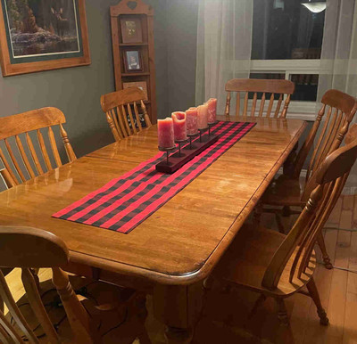 Rustic dining room table, hutch, buffet, coffee, & end tables. 